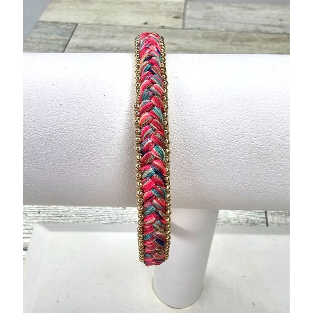 stella & dot pink multi color & gold tone braided fringe tassel cuff bracelet